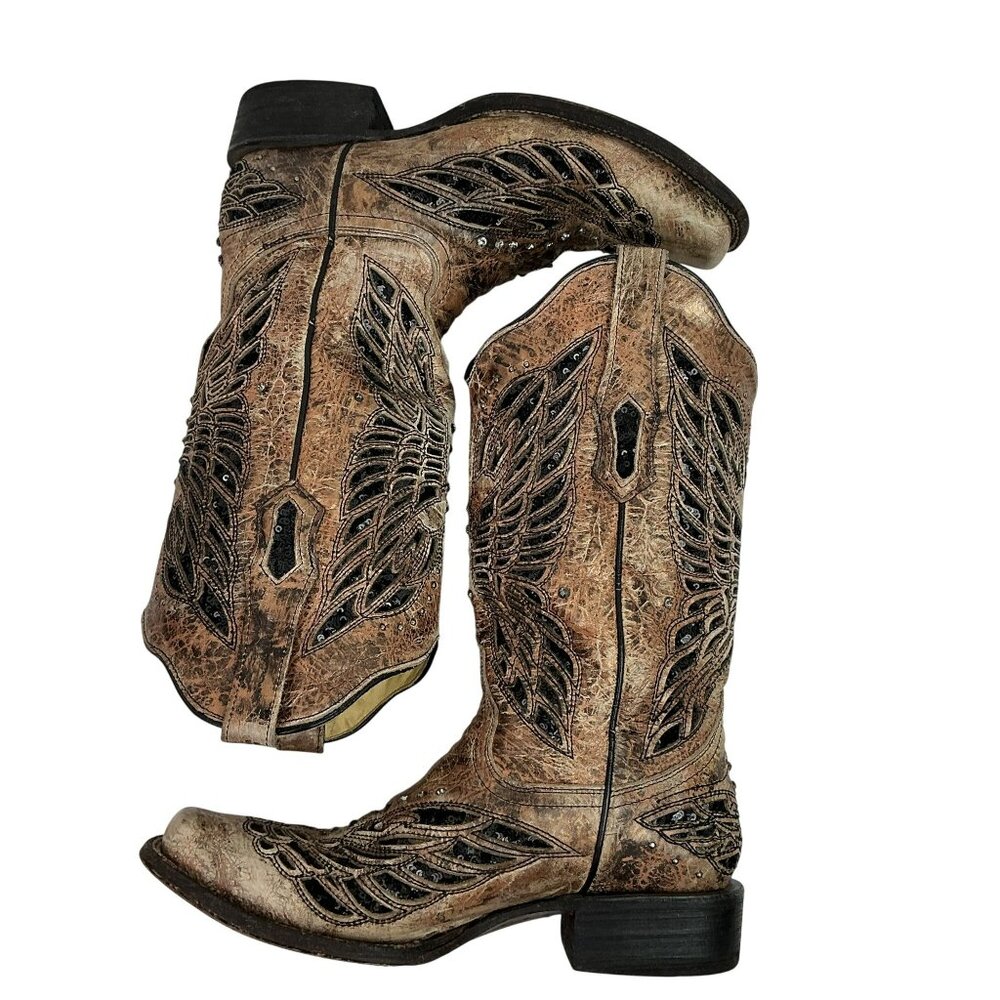 Corral Western Boots Angel Wing Inlay Embellished Leather Cowboy Womens 7.5M - Picture 7 of 16